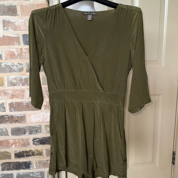 Charlie Jade Olive Green 100% Silk Romper Roll Up Sleeves & Hems Sz S - Picture 4 of 11